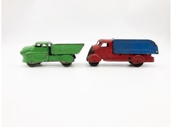 (71) LOT OF 2 METAL HAND PAINTED TOY DUMP TRUCKS-NO MARKINGS