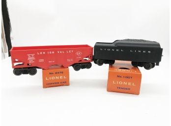 (168) LOT OF 2 VINTAGE LIONEL TRAINS-#6476 HOPPER CAR AND #1130T TENDER-IN ORIG. BOXES