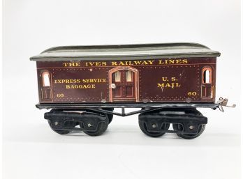 (42) VINTAGE PREWAR IVES #60 BAGGAGE CAR-DARK MAROON-#60-O GAUGE