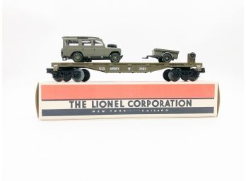 (87) POST WAR LIONEL FLAT CAR-US ARMY #2682-W/LAND ROVER AND UTILITY  TRAILER-BOXED