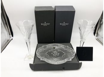 (68) LOT OF 3 WATERFORD CRYSTAL ITEMS - 1-10' TRAY AND 2 10' CHAMPAGNE GLASSES-NEW IN BOX