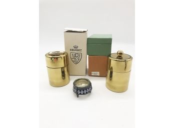 (142) LOT OF 3 ITEMS - 2 KIRK & MATZ BRASS CANISTERS AND 1 RUSSIAN GLASS AND PORCELAIN JAR