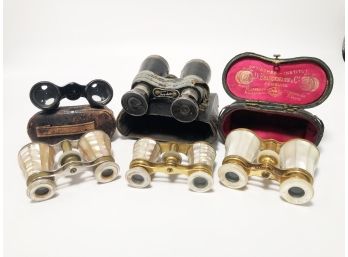 (34) LOT OF 5 VINTAGE / ANTIQUE BINOCULARS & OPERA GLASSES - MOTHER OF PEARL - SOME CASES -USA & FRENCH MADE