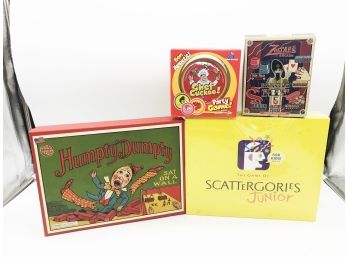 (114) LOT OF 4 UNOPENED GAMES-CHEF CUCKOO, HUMPTY DUMPTY, ZOLTARS ARCADE AND SCATTERGORIES JR