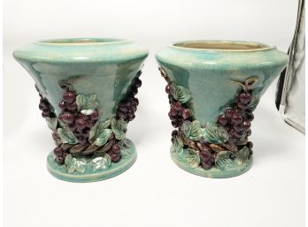 (43) PAIR OF HEAVY CERAMIC PLANTERS DECORATED WITH RAISED GRAPES & LEAVES - 10' TALL