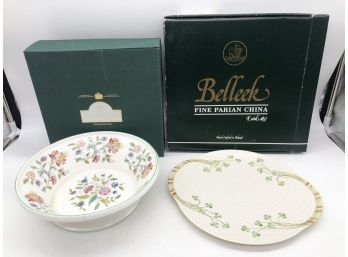 (69) LOT OF 2 ITEMS- MINTON 'HADDON HALL' BASKET WEAVE APPROX.10' & BELLEEK SHAMROCK BREAD PLATE 11'X10'