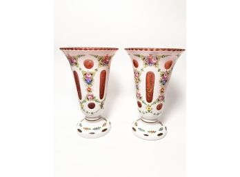 (21) PAIR OF VINTAGE BOHEMIAN GLASS VASES' - WHITE CUT TO RED - MADE IN CZECH - HAND PAINTED FLORALS -  8'