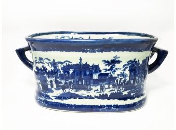 (36) LARGE CERAMIC BLUE & WHITE PLANTER - OVAL - DECORATED STREET SCENE W/ HORSES & DOGS - APPROX.16'X9'11'