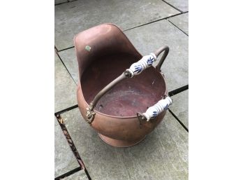 (119) VINTAGE LARGE COPPER COAL BUCKET W/ PORCELAIN HANDLES - MADE IN IRELAND - APPROX. 17'X13'X15'