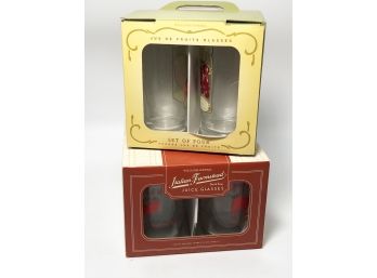 (27) 2 BOXES OF 4 WILLIAMS SONOMA GLASSES - JUS DE FRUITS AND ITALIAN FARMSTEAD - NEW IN BOX