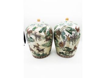 (98) 2 LARGE CERAMIC GINGER JARS WITH LIDS - WILDLIFE & DEER DECORATION - APPROX.14'X9'-MADE IN MACAO