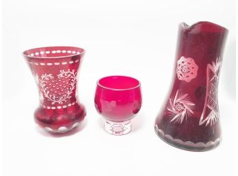 (39) LOT OF 3 RUBY RED HAND BLOWN CRYSTAL PIECES -LAUSITZER VASE W/DEER, REIJMYRE, SWEDEN BOWL & PITCHER