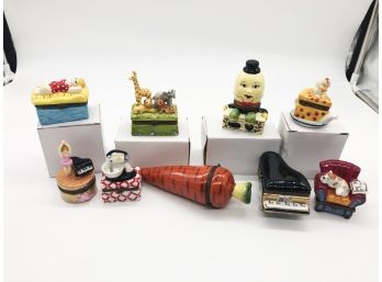 (104) LOT OF 9 PORCELAIN TRINKET BOXES-ALL WITH METAL HINGE & GIFT BOX-SOME HAVE AN ADDTL CERAMIC FIGURE