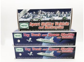 (115) LOT OF 3 HESS TRUCKS -NEW IN BOX-2 TOY TRUCK AND SPACE AND 1 SPORT UTILITY VEHICLE W/MOTORCYCLE