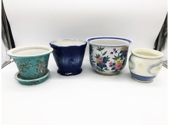 (136) LOT OF 4 CERAMIC PLANTERS-DELFT, ENGLISH IRONSTONE, JAPAN AND HOLLAND