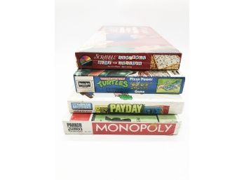 (66) LOT OF 4 UNOPENED GAMES-MONOPOLY, PAYDAY, PIZZA POWER AND SCRABBLE