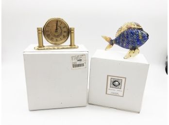 (70) LOT OF 2 ITEMS-ARCADIA DESK CLOCK APPROX.5'X4' AND THAMES BLOWN GLASS FISH APPROX.7'X4' NEW IN BOX