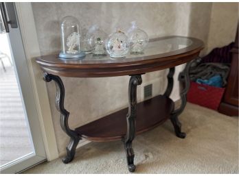 A-22- CHERRY WOOD HALF MOON CONSOLE TABLE WITH GLASS TOP - 49' WIDE BY 19' DEEP BY 28' TALL