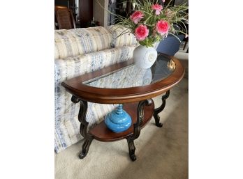 A-23- CHERRY WOOD HALF MOON CONSOLE TABLE WITH GLASS TOP - 49' WIDE BY 19' DEEP BY 28' TALL -2