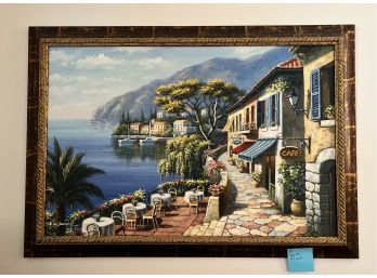 B-1- FRAMED ORIGINAL OIL PAINTING - ITALIAN SEASCAPE WITH CAFE - 29' BY 41'