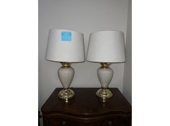 PAIR OF ELEGANT TABLE LAMPS BRASS & PORCELAIN WITH RED CHECK INTERIOR SHADES - 25' TALL