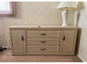 VINTAGE BLEACHED WOOD THREE DRAWER DRESSER WITH TWO CABINETS - 66' LONG BY 18' DEEP BY 30' HIGH