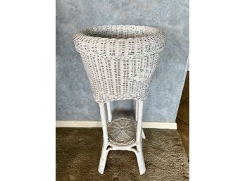 B-10- VINTAGE WHITE WICKER PLANTER ON STAND - 29' TALL