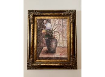 B-6- FRAMED ART PRINT, TULIPS IN BROWN VASE - 23' BY 19'