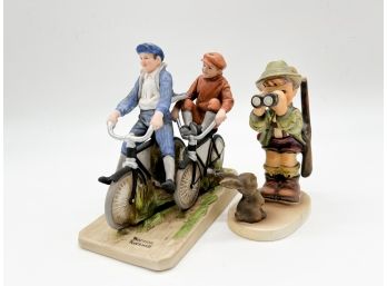 A-29 NORMAN ROCKWELL PORCELAIN FIGURINE 'BICYCLE BOY' & GOEBEL HUMMEL 'BOY WITH BINOCULARS & BUNNY' 6'