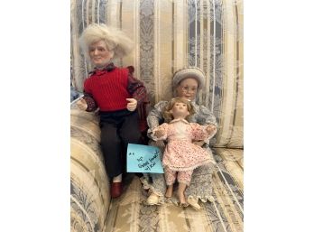 A-5- LOT OF THREE COLLECTIBLE DOLLS - GRAND PARENTS WITH CHILD - APPROX. 14'