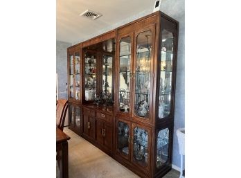 VINTAGE THREE PIECE LIGHTED CHINA CABINET CABINET - MIRROR BACKED WITH GLASS SHELVES - 105' ACROSS