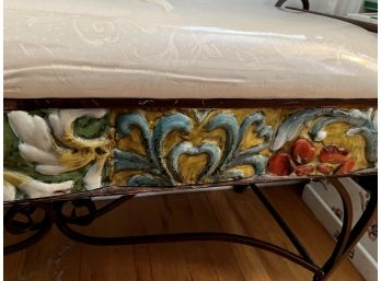 DECORATED METAL BENCH WITH IVORY CUSHION - 45' LONG