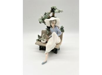 A-17- LLADRO FIGURINE - WOMAN On PARK BENCH BENEATH  TREE WITH BIRDS - 9' HIGH - PERFECT