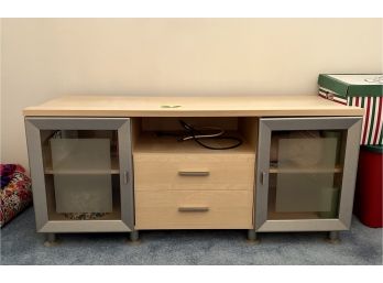 NATURAL WOOD TV STAND WITH GLASS FRONT CABINETS & TWO DRAWERS - 52' LONG BY 22'DEEP BY 24' HIGH