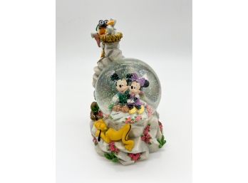 D-2- MUSICAL DISNEY SNOW GLOBE - MICKEY & MINNIE ON SWISS MOUNTAIN WITH DONALD, GOOFY - PLAYS 'EDELWEISS' - 9'