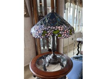 A-20- VINTAGE STAINED GLASS TIFFANY STYLE TABLE LAMP - 29' TALL - BUTTERFLIES & FLOWERS