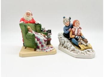 A-26 LOT OF TWO NORMAN ROCKWELL PORCELAIN FIGURINES- 'DOWNHILL RACER & WAITING FOR SANTA' - 6'