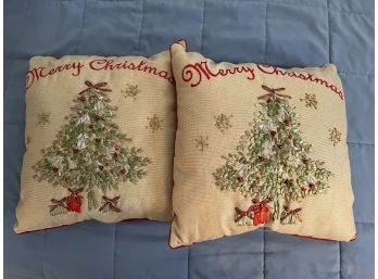 PAIR OF MERRY CHRISTMAS EMBROIDERED PILLOWS - 14'