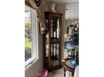 A-21- VINTAGE FRUITWOOD CORNER DISPLAY CABINET - 76' TALL BY 29' WIDE