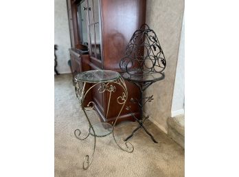 A-42- LOT OF THREE - TWO METAL & GLASS PLANT STANDS & A SIX BOTTLE WINE RACK