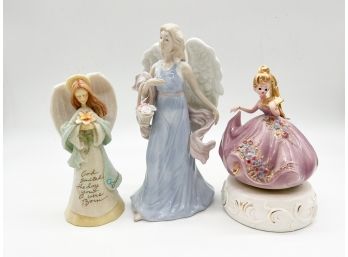 A-32- LOT OF THREE, TWO ANGELS & VINTAGE JOSEF ORIGINAL  PORCELAIN GIRL WITH FAN - 5'-9'