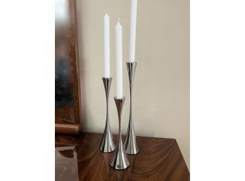 (MB) SET OF THREE MODERNIST CHROME CANDLESTICKS - CRATE & BARREL - 10' -14'