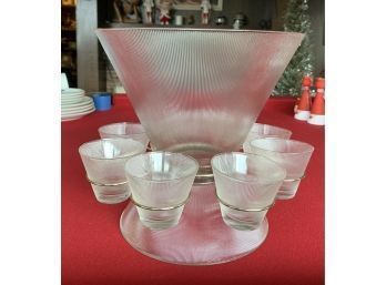 Mid Century Modern 1960s Ribbed Glass Punch Bowl / Stand/ 8 Cups