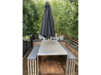 Stainless Steel Industrial Table  Glass Top / Benches / Umbrella Outdoor Furniture