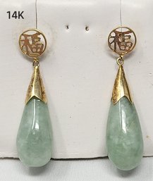 14K Yellow Gold Teardrop Earrings  Light Green Jade Stone