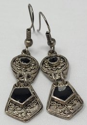 Silver Colored Wire Drop Earrings  Black Gemstones  Not Marked