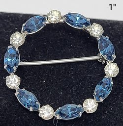1' Silver Colored Brooch With Blue And White Gemstones  Unmarked
