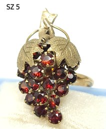 14 KT Vintage Grape Cluster Ring With Red Gemstones  Sz 5 With Ring Guard
