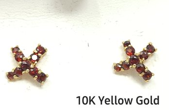 10K Yellow Gold 'X' Earrings With Red Gemstones