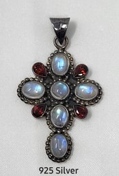 925 Silver Cross Pendant With Opaque And Red Stones 2' L